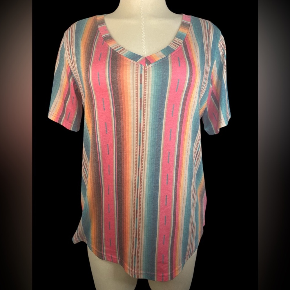 Sterling Creek Colorful Striped V-neck T Shirt Women’s Medium